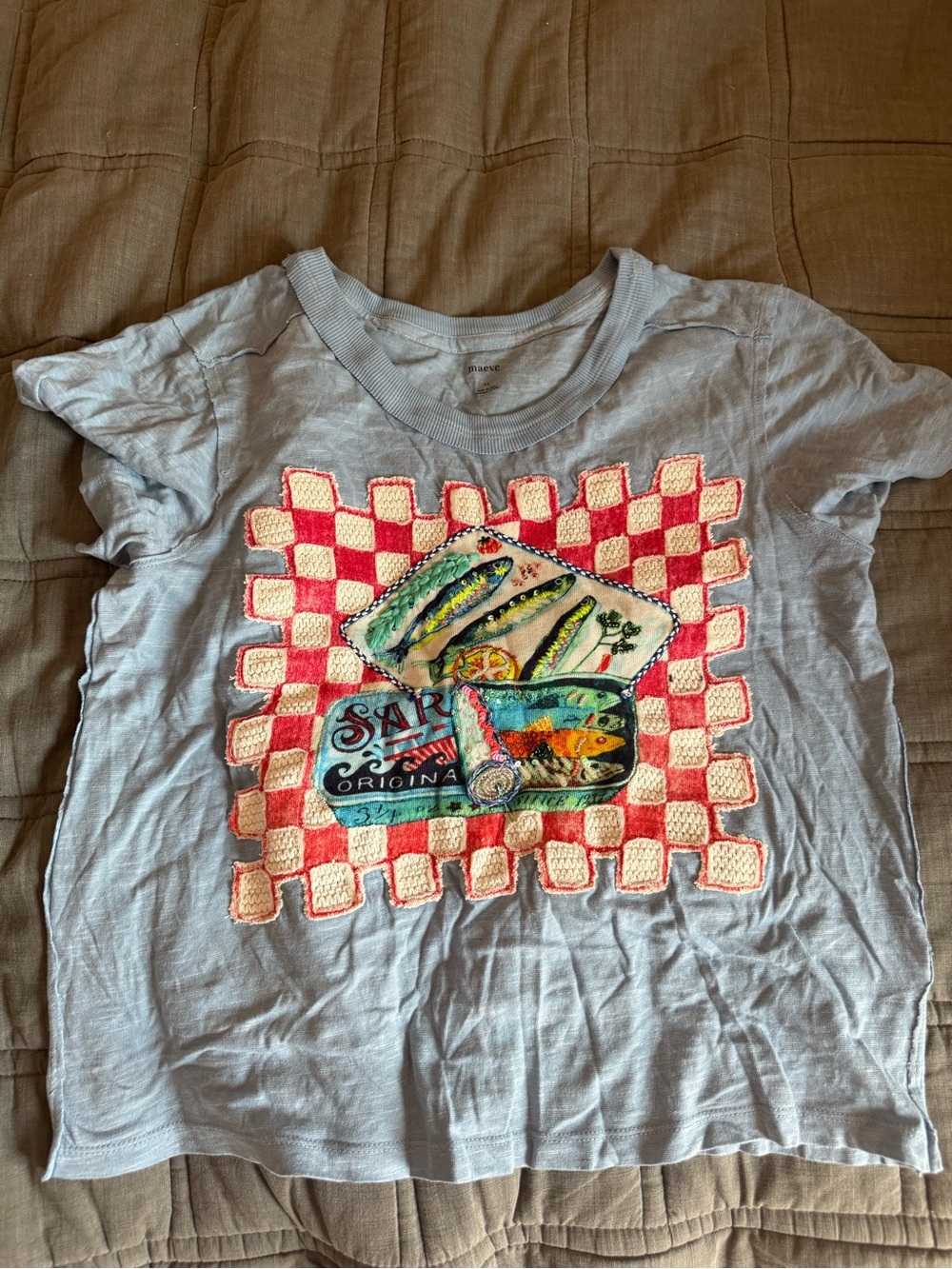 Maeve Light Blue Tee with Colorful Fish Tin Can Patch